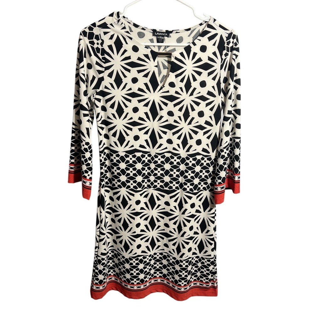 Lavanya Women's Black White Red Geometric Print Keyhole Neck Knit Dress‎ Size S